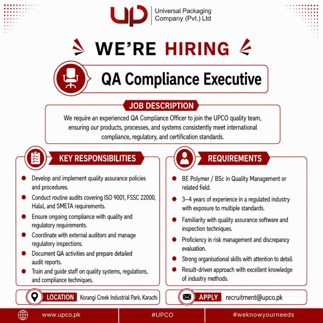Universal Packaging Company (Pvt) Limited Jobs QA Compliance Executive 1