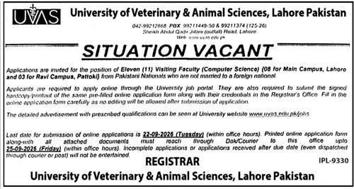 University of Veterinary & Animal Sciences UVAS Jobs 06 September 2026 The News 1