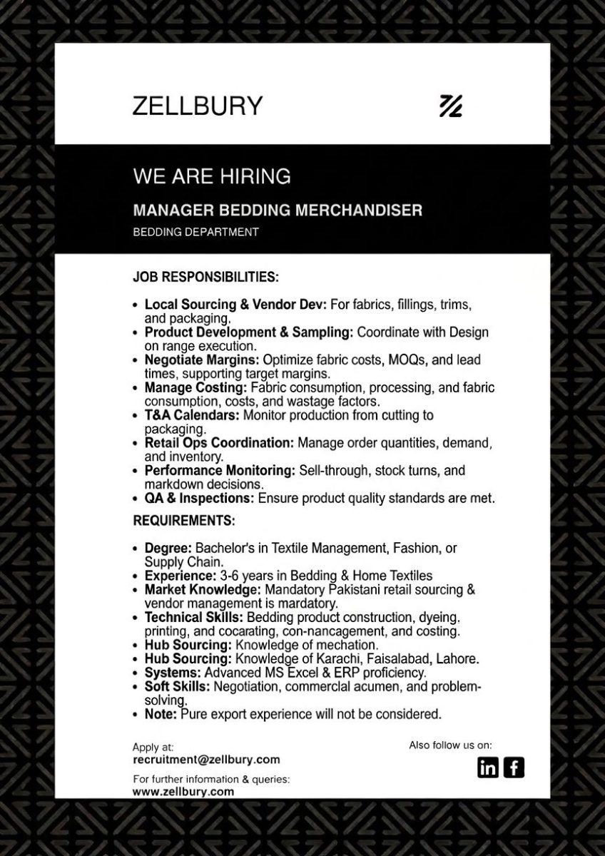 Zellbury Pakistan Jobs Assistant Manager / Manager Merchandising (Bedding & Home) 1