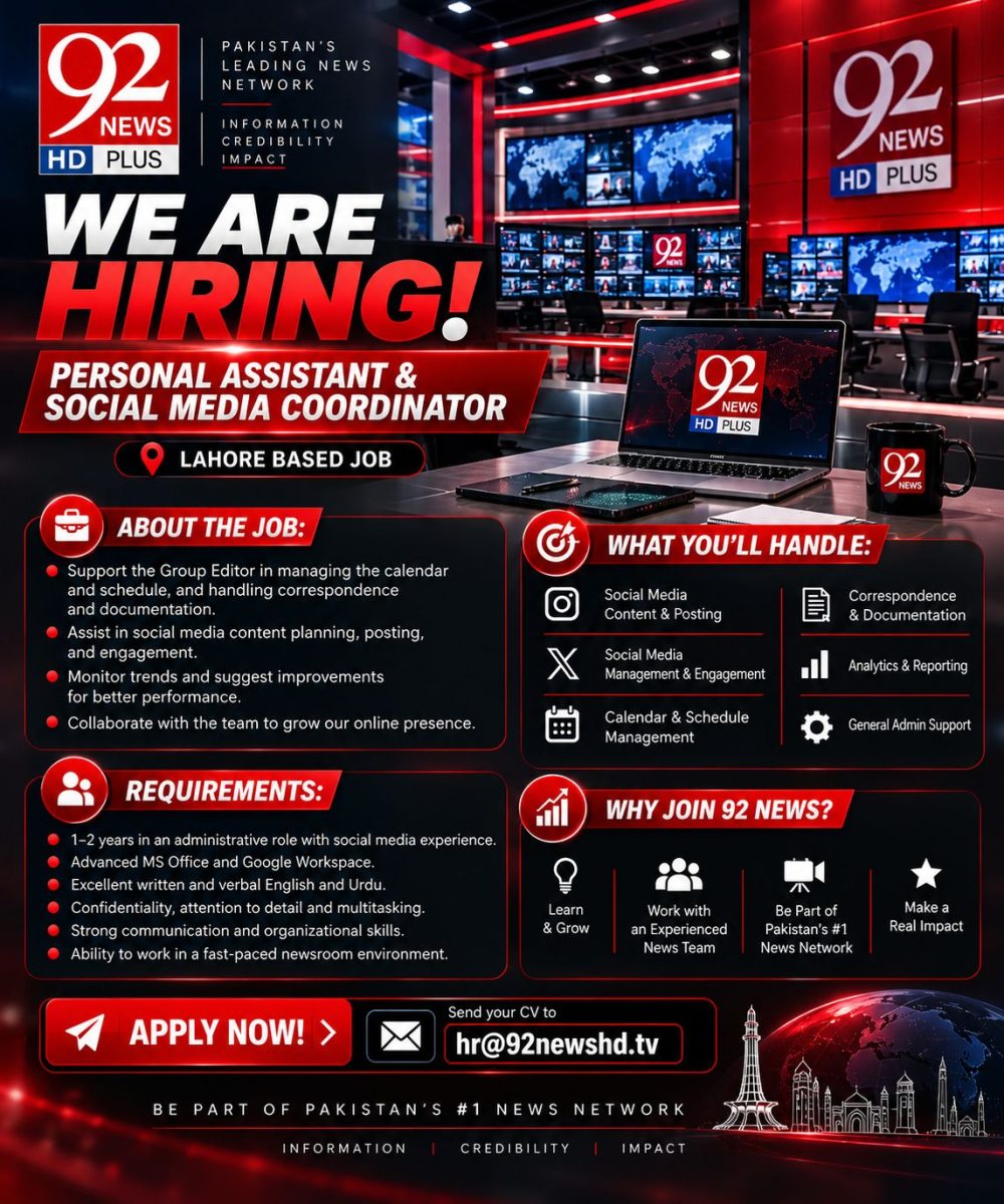 92 News HD Plus Jobs Personal Assistant & Social Media Coordinator 1