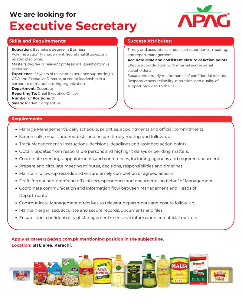 (APAG) Agro Processor Atmospheric Gases Ltd Jobs Executive Secretary 1