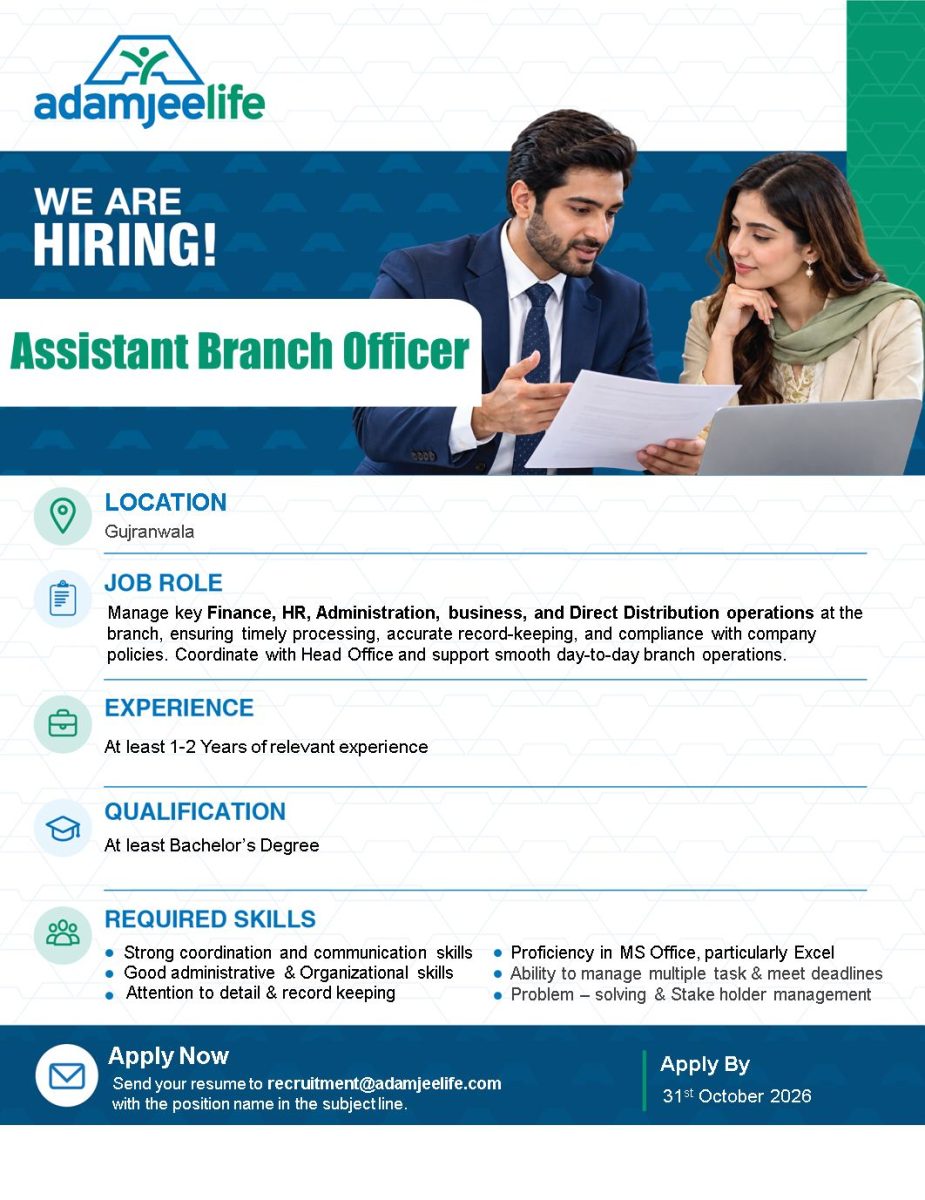 Adamjee Life Insurance Company Jobs Assistant Branch Officer 1