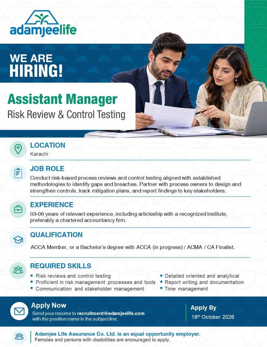 Adamjee Life Assurance Jobs Assistant Manager Risk Review & Control Testing 1