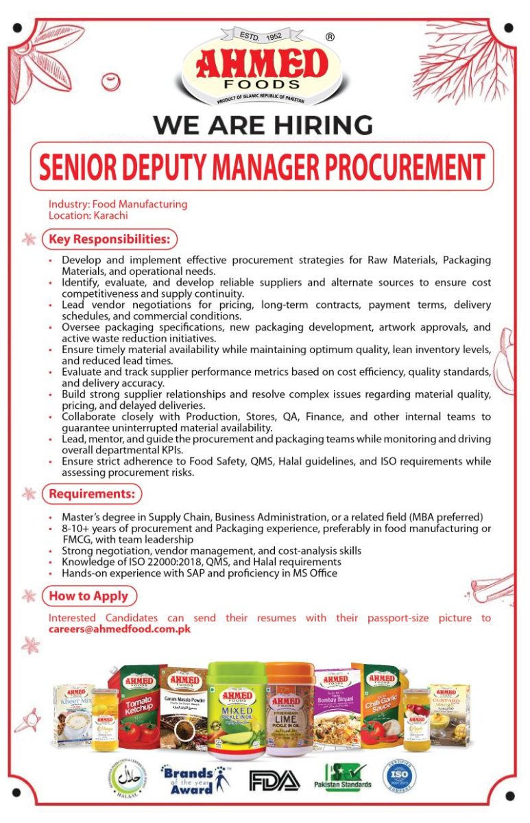 Ahmed Foods Pvt Ltd Jobs Senior Deputy Manager Procurement 1