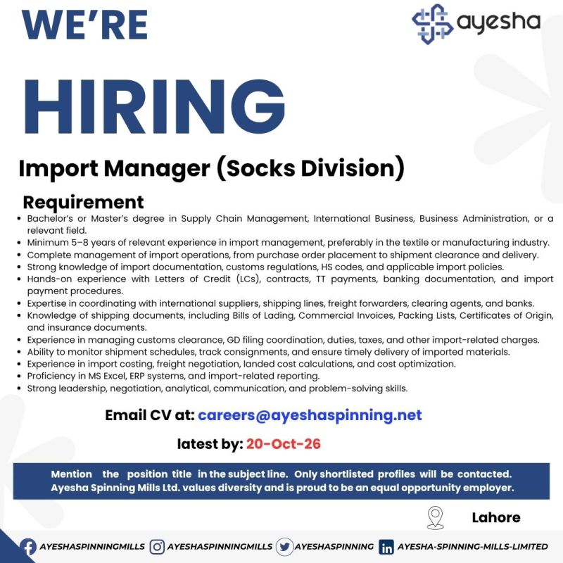 Ayesha Spinning Mills Jobs Import Manager 1