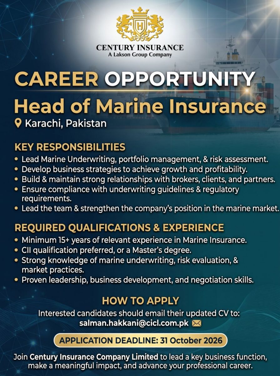 Century Insurance Company Limited Jobs Head of Marine Insurance 1
