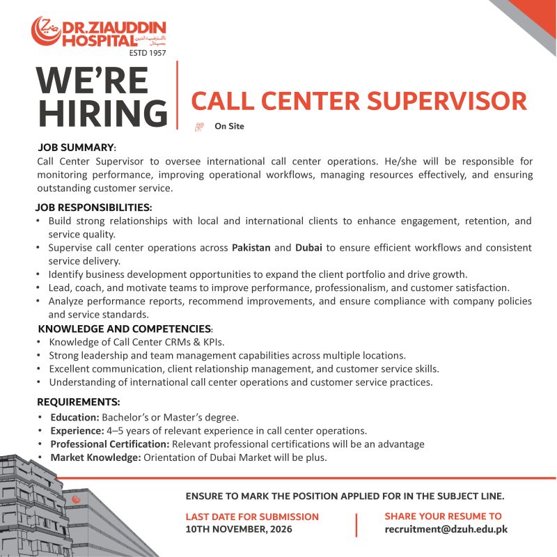 Dr Ziauddin Hospital Jobs Call Center Supervisor 1