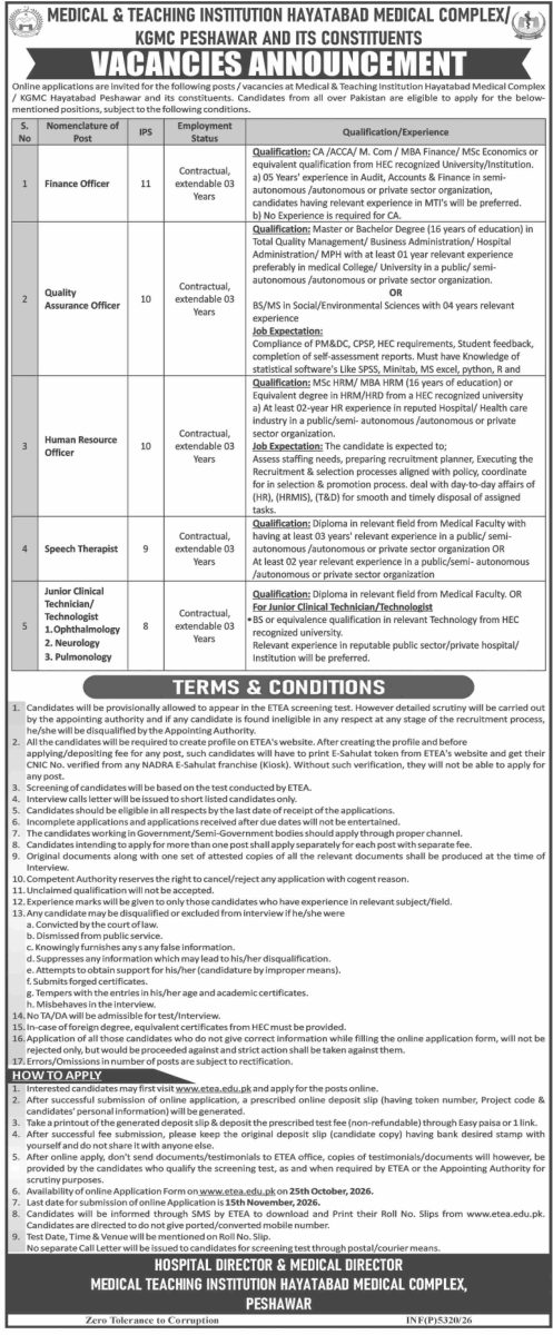 Hayatabad Medical Complex HMC Jobs 24 October 2026 Dawn 1