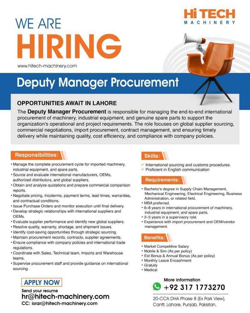 HiTech Machinery Jobs Deputy Manager Procurement 1