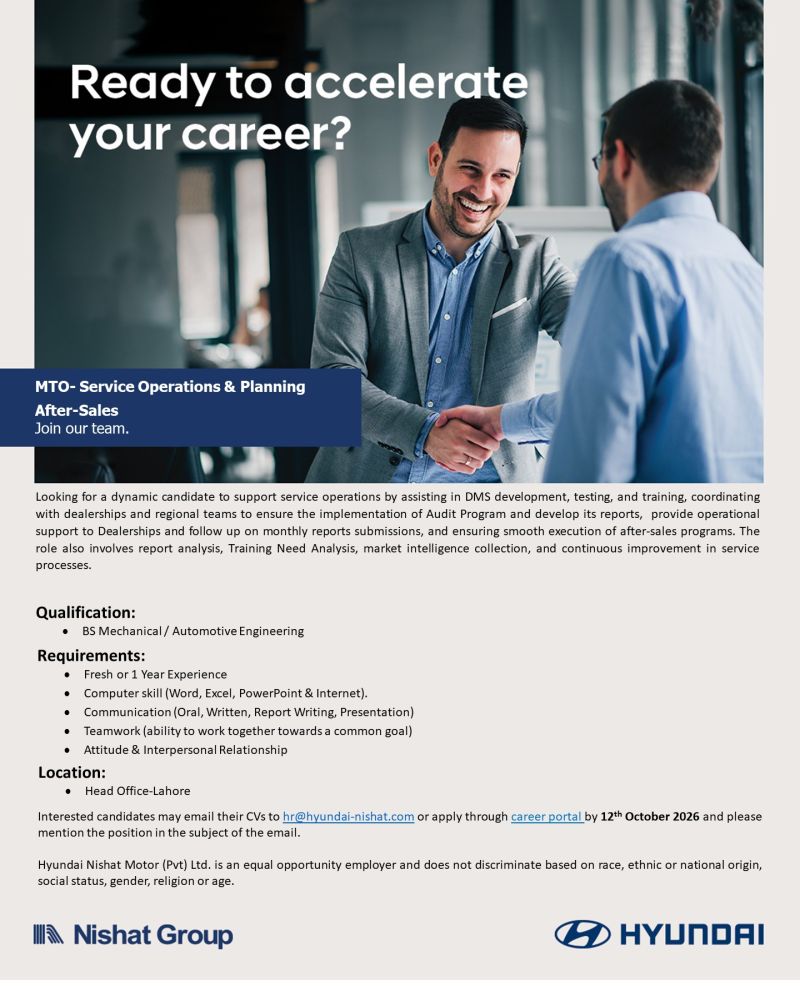 Hyundai Nishat Motors Pvt Ltd Jobs MTO Service Operations & Planning 1