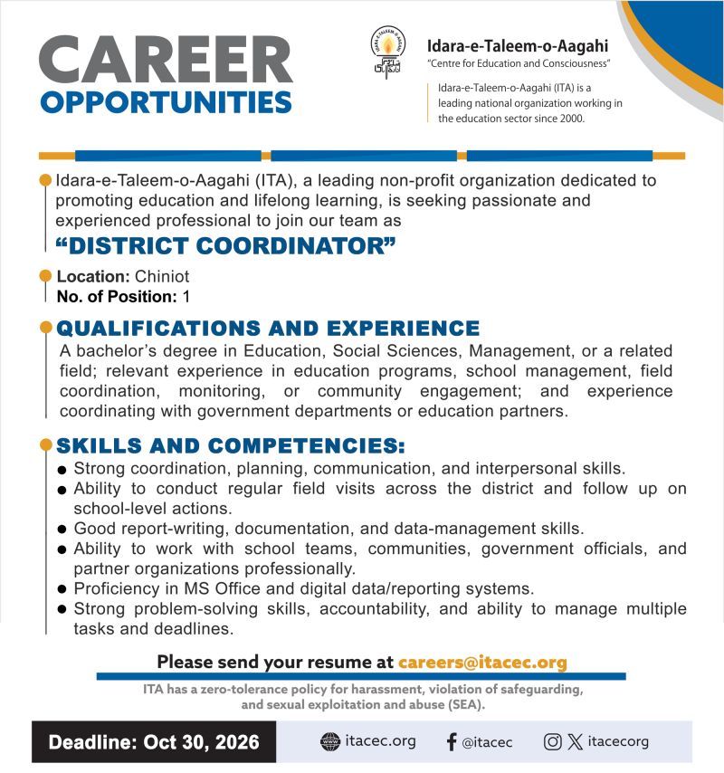 Idara-e-Taleem-o-Aagahi (ITA) Jobs District Coordinator 1
