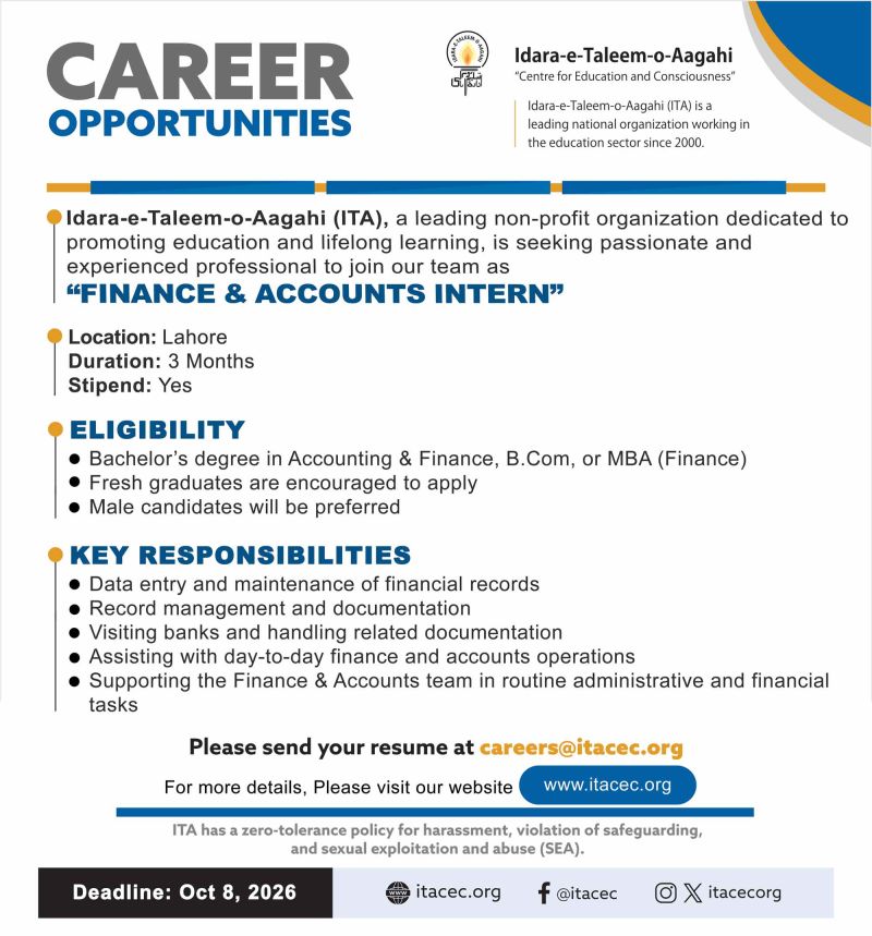 Idara-e-Taleem-o-Aagahi (ITA) Jobs Finance & Accounts Intern 1