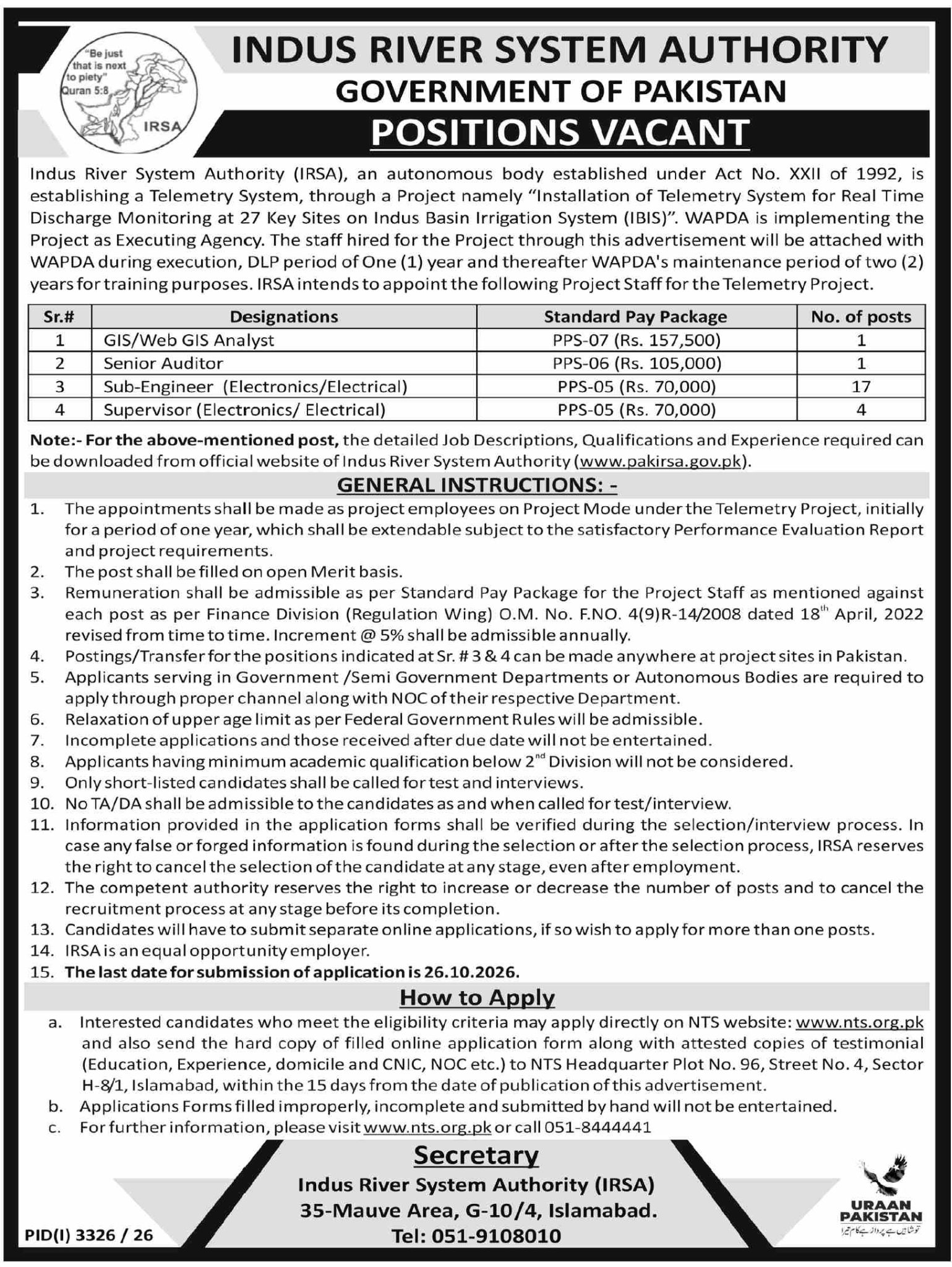 Angolan Rivers Systems Indus River System Authority IRSA Jobs October 2026