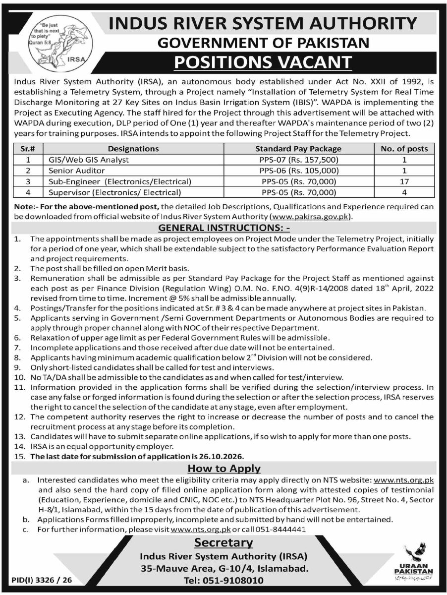 Indus River System Authority IRSA Jobs 11 October 2026 Dawn 1