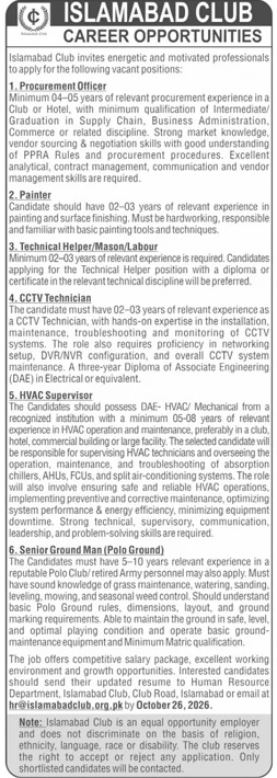 Islamabad Club Jobs 11 October 2026 Jang 1