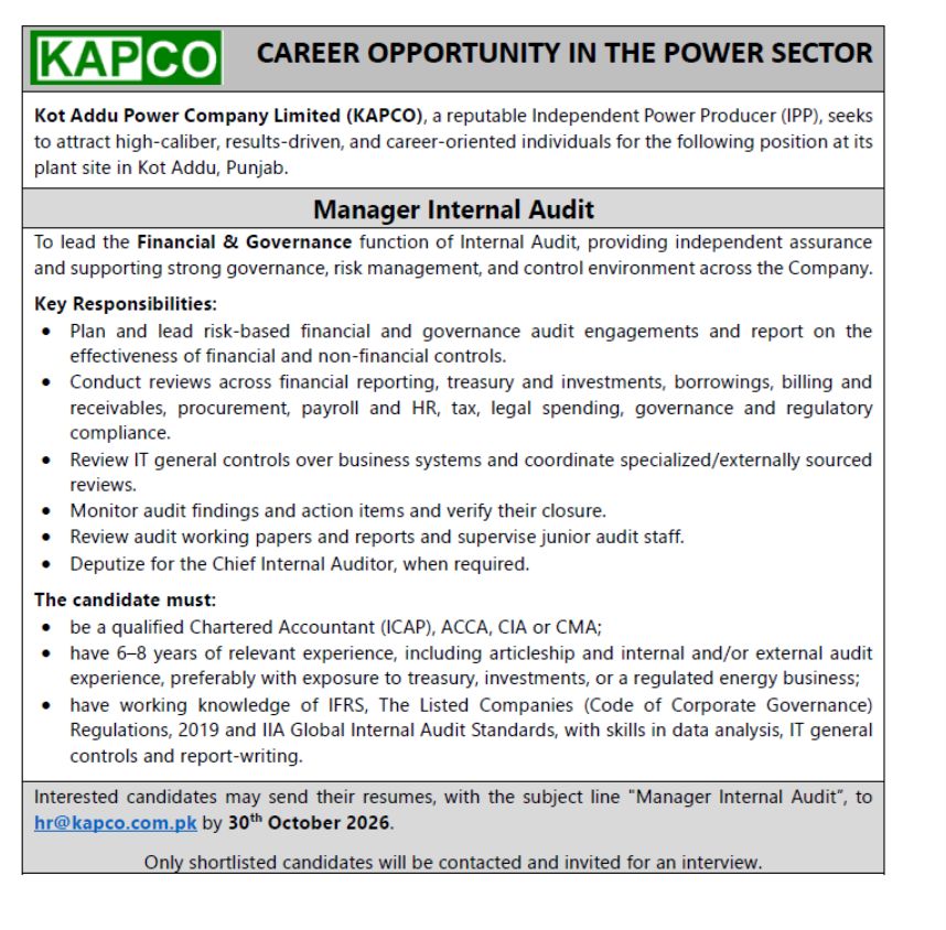 Kot Addu Power Company Limited (KAPCO) Jobs Manager Internal Audit 1