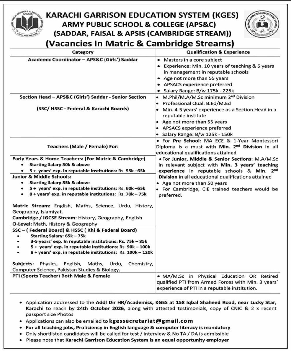 Karachi Garrison Education System Jobs 18 October 2026 Dawn 1