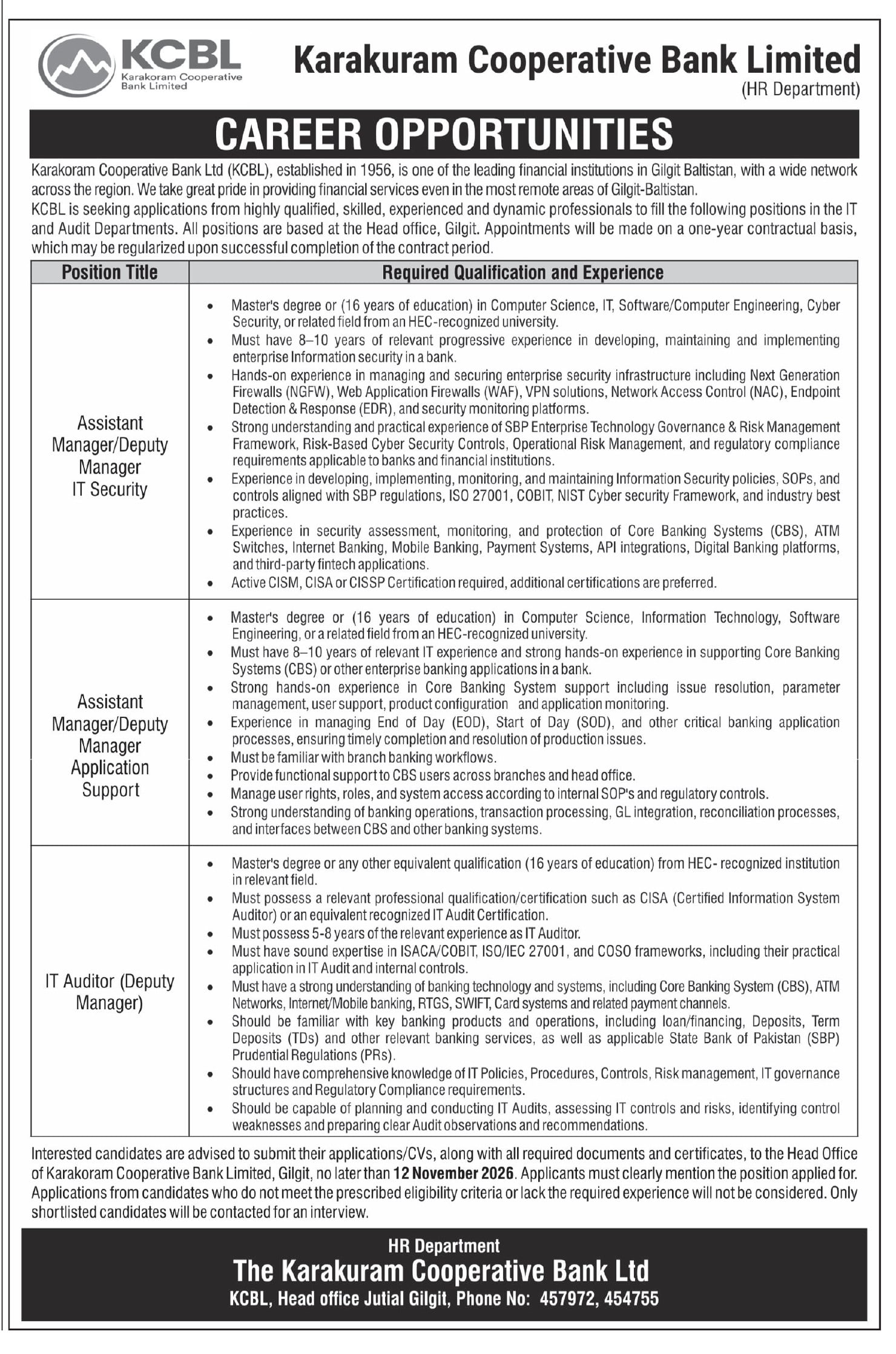 Karakuram Cooperative Bank Ltd KCBL Jobs 28 October 2026 Express Tribune 1