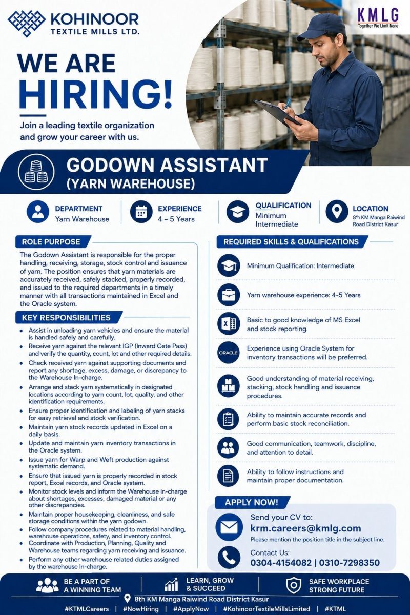 Kohinoor Textile Mills Limited Jobs Godown Assistant 1