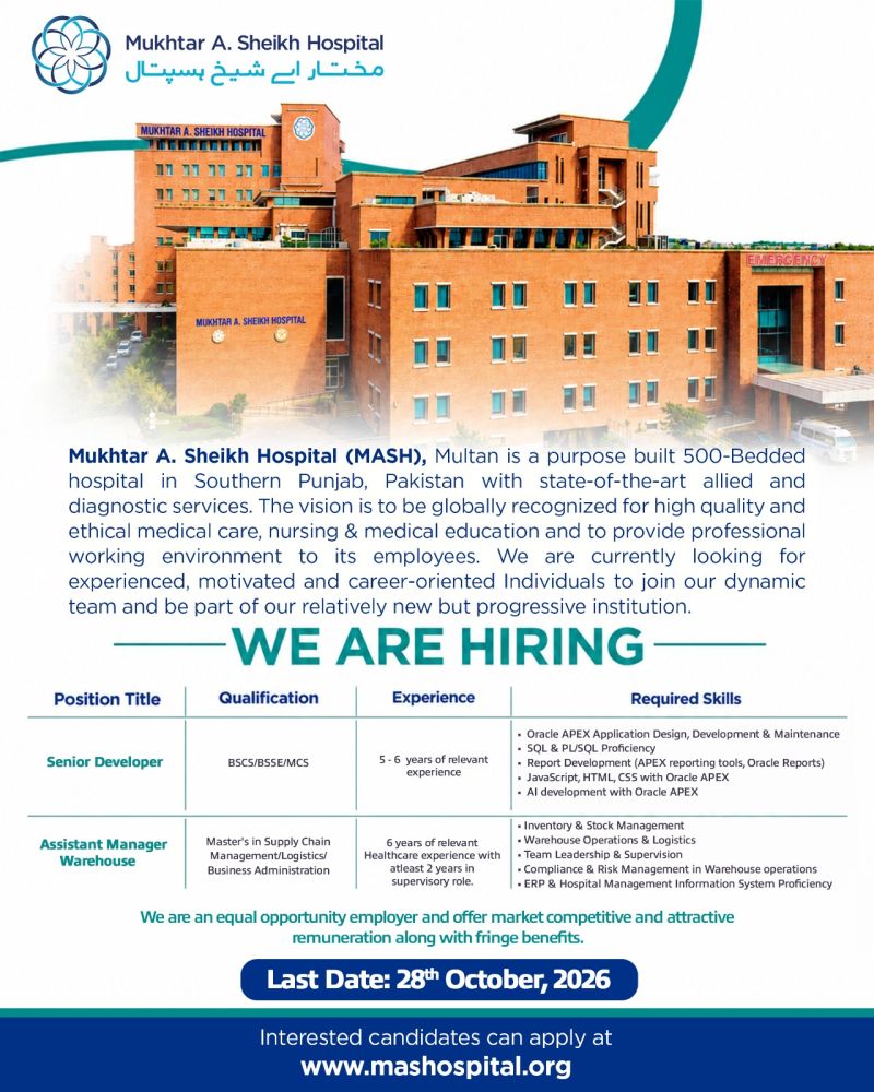 Mukhtar A Sheikh Hospital MASH Jobs October 2026 1