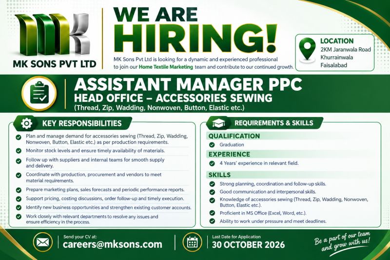 MK Sons Pvt Ltd Jobs Assistant Manager PPC 1