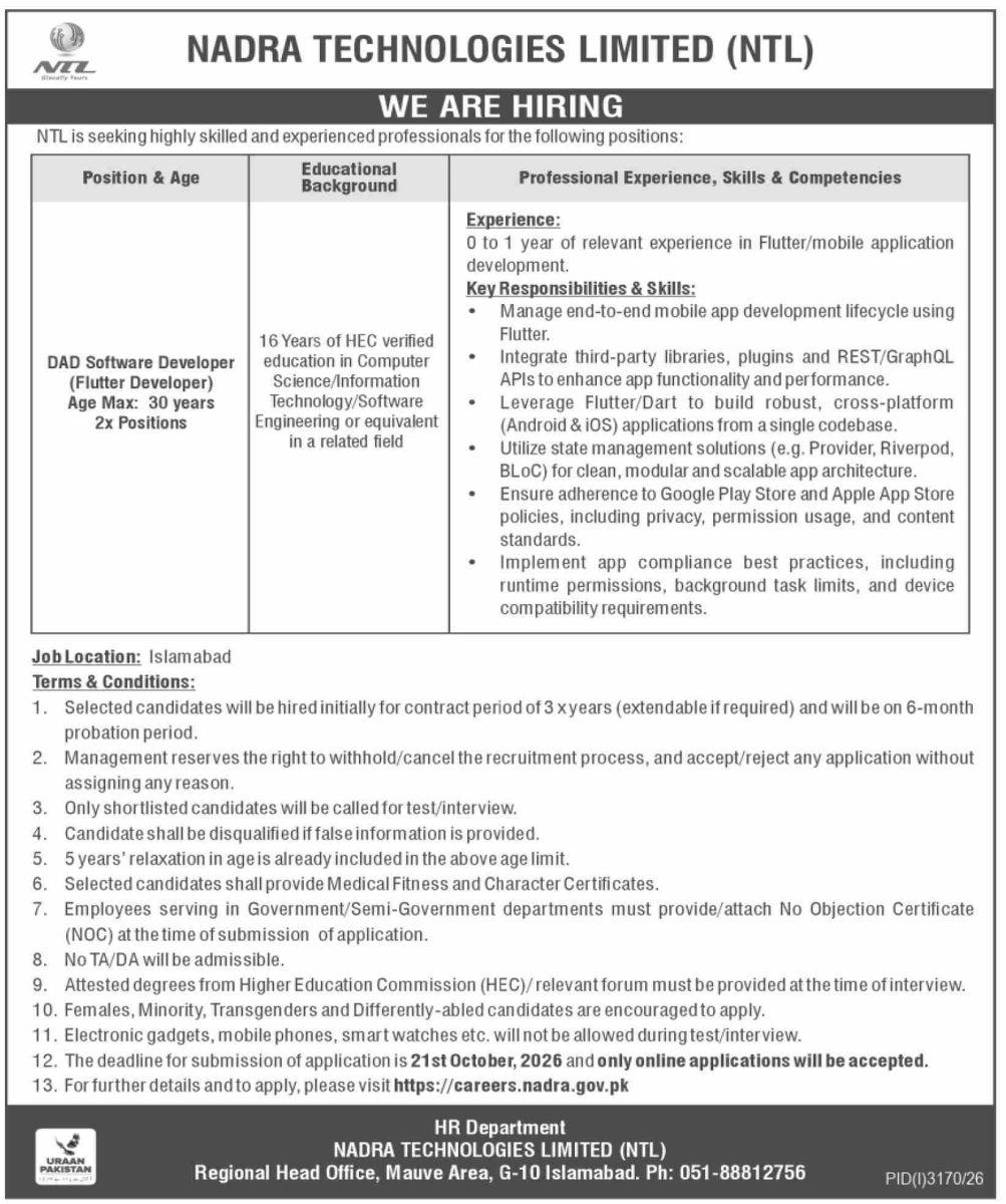 NADRA Technologies Ltd NTL Jobs 08 October 2026 Dawn 01 1