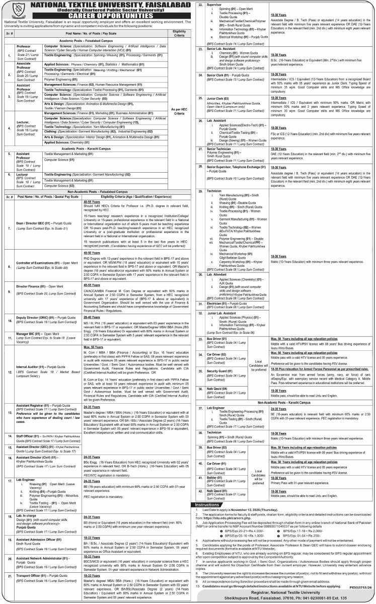 National Textile University Faisalabad NTU Jobs 25 October 2026 Dawn 1