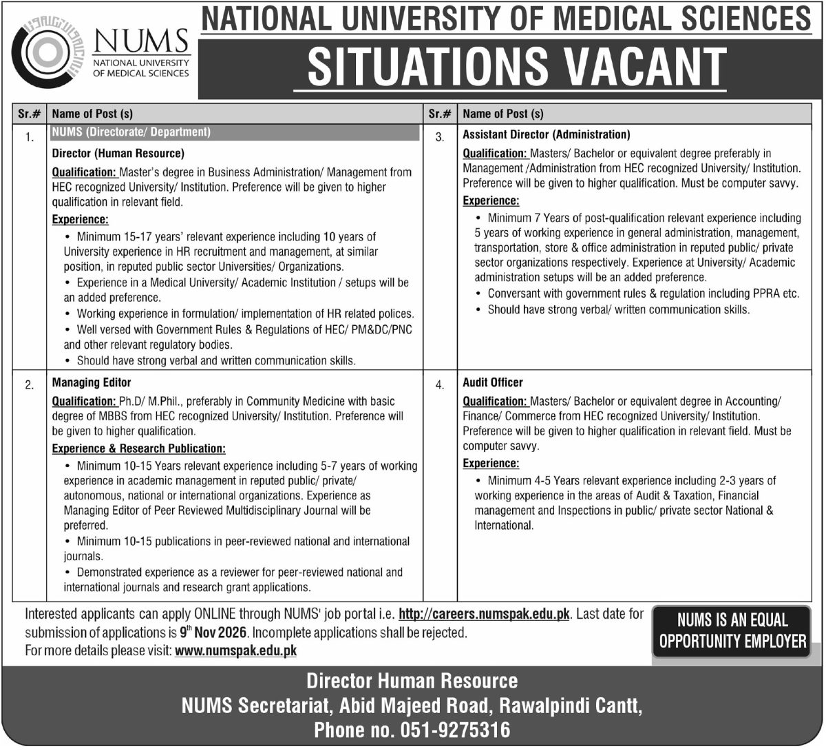 National University Of Medical Sciences NUMS Jobs 25 October 2026 Express Tribune 1