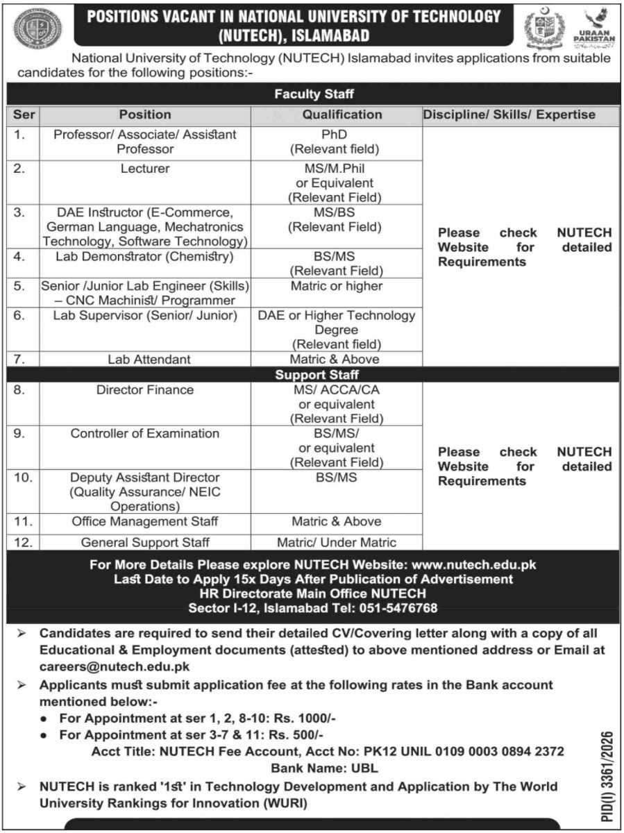 National University of Technology NUTECH Jobs 14 October 2026 Dawn 1
