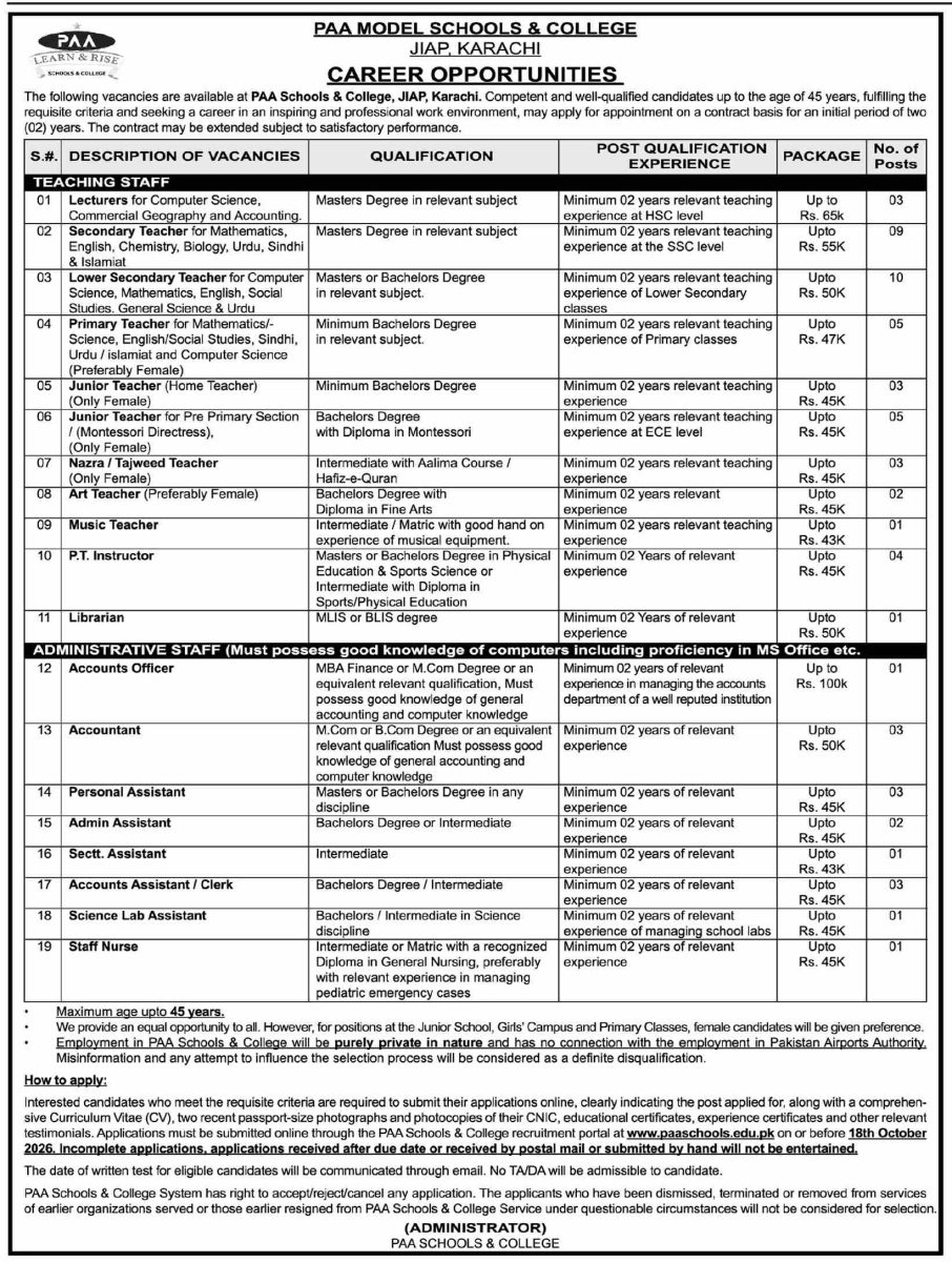 PAA Model Schools & College JIAP Karachi Jobs 03 October 2026 Dawn 1
