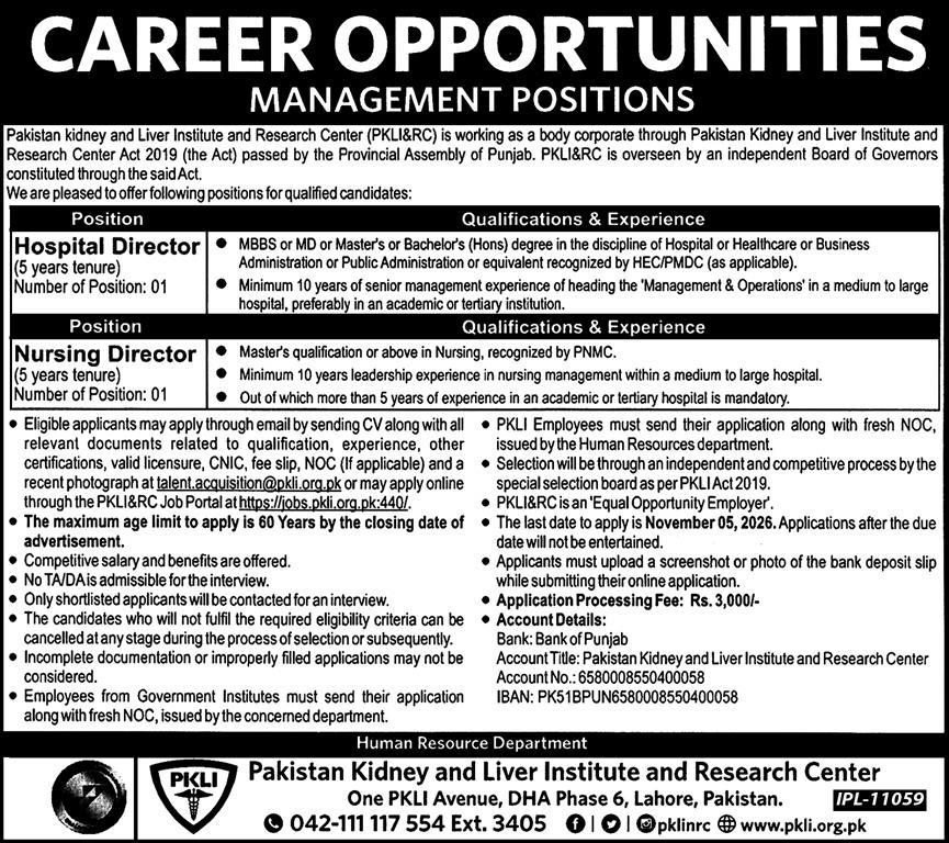 Pakistan Kidney & Liver Institute & Research Center PKLI&RC Jobs 17 October 2026 Express 1