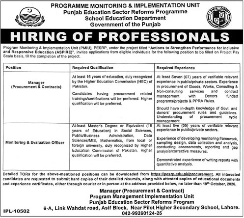 Programme Monitoring & Implementation Unit PESRP Jobs 04 October 2026 Jang 1