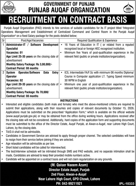 Punjab Auqaf Jobs 01 October 2026 Dunya 1