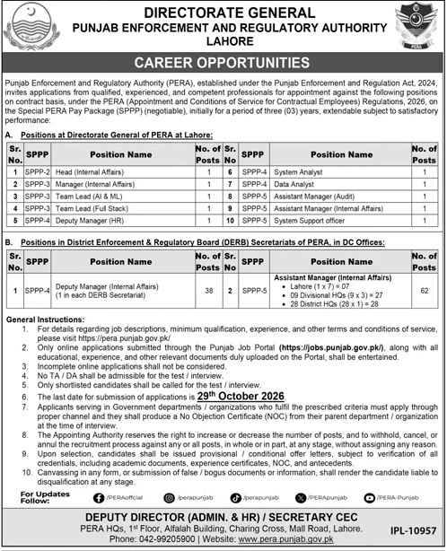 Punjab Enforcement & Regulatory Authority PERA Jobs 18 October 2026 Jang 1