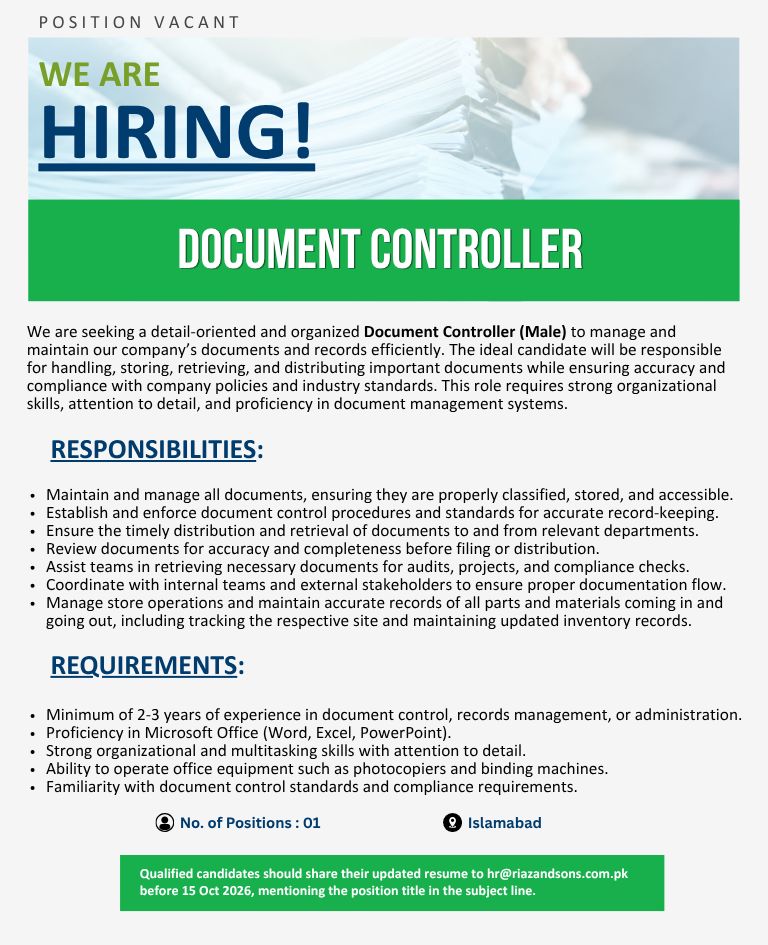 Riaz & Sons Jobs Document Controller 1