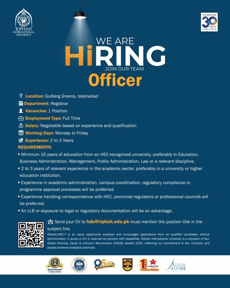 Riphah International University Jobs Officer 1