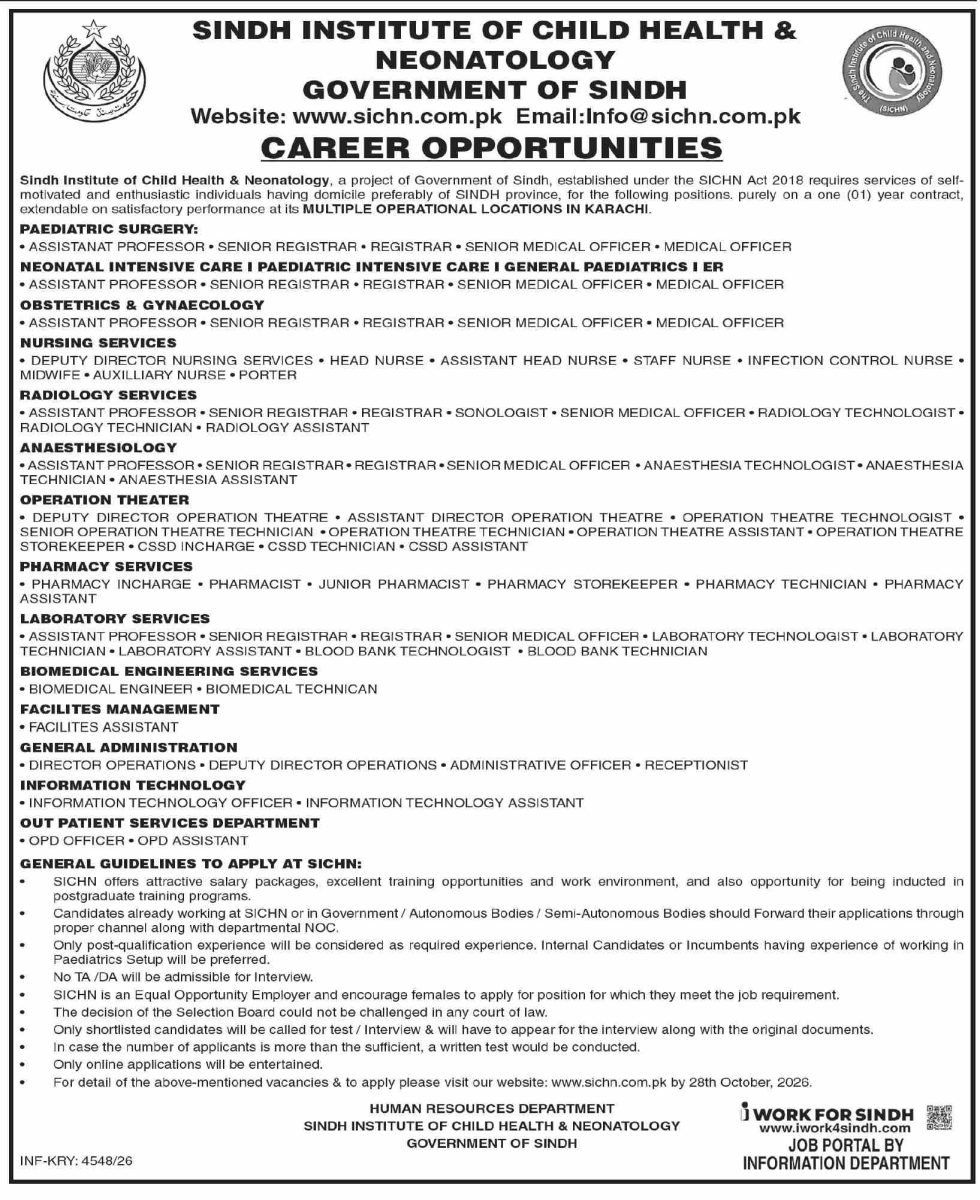 Sindh Institute of Child Health & Neonatology Jobs 15 October 2026 Dawn 1