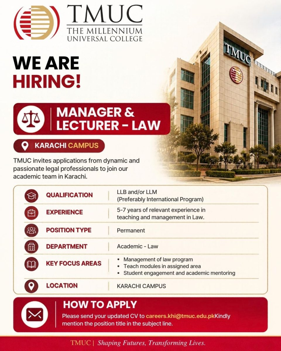 The Millennium Universal College (TMUC) Jobs Manager & Lecturer Law 1