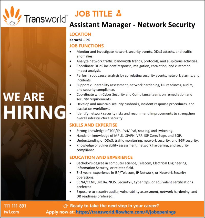 Tranworld Associates Jobs Assistant Manager Network Security 1