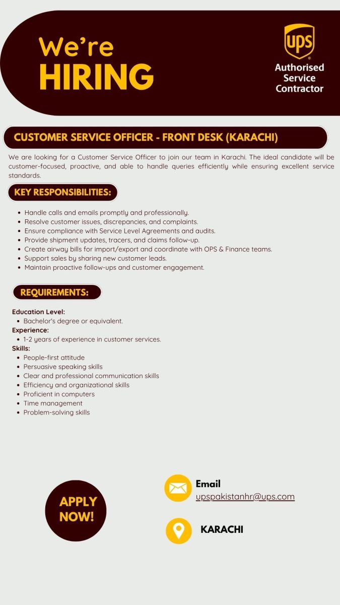 UPS Pakistan Jobs Customer Service Officer Front Desk 1