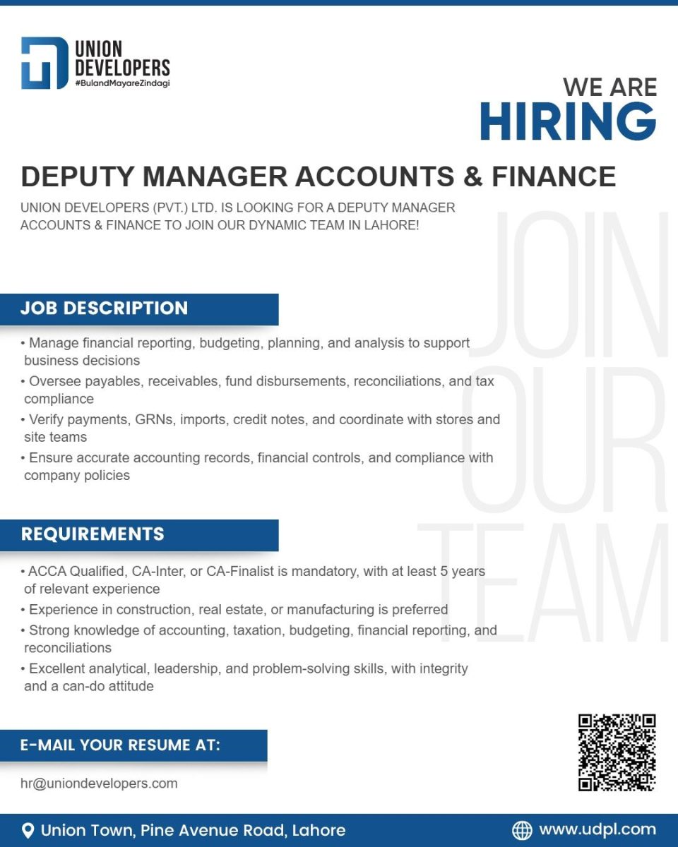 Union Developers Pvt Ltd Jobs Deputy Manager Accounts & Finance 1