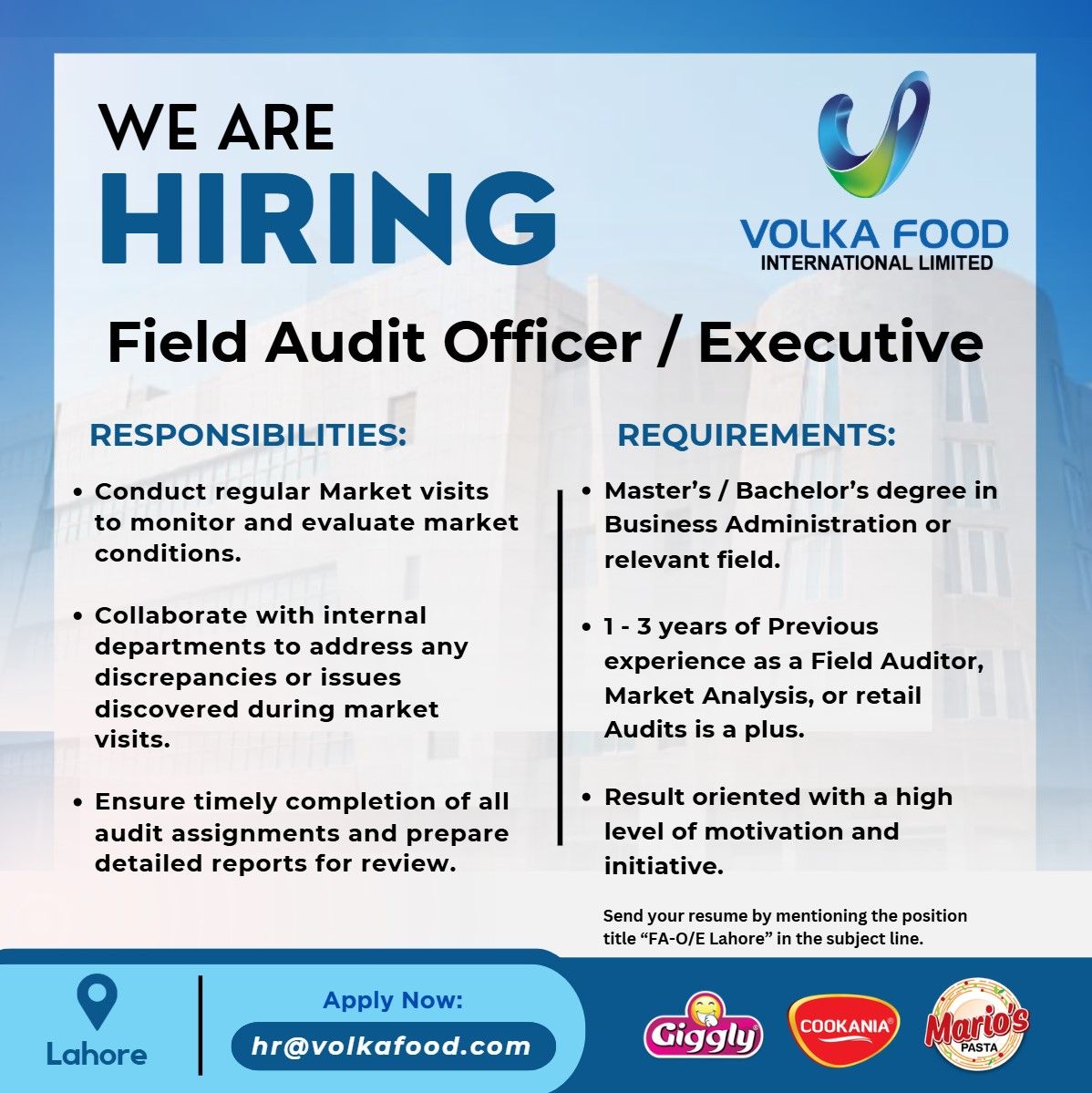 Volka Food International Limited Jobs Field Audit Officer / Executive 1