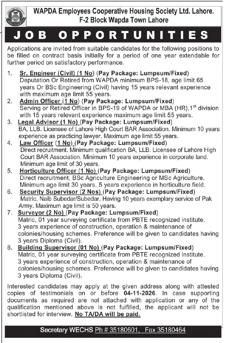 WAPDA Employee Cooperative Housing Society Ltd Lahore Jobs 17 October 2026 Express Tribune 1